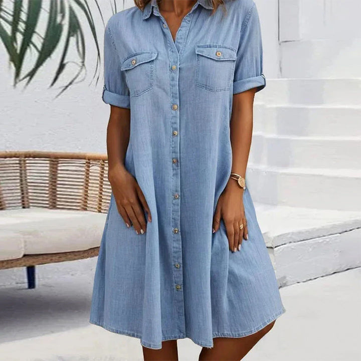 Adelina™ - Midi Dress with Lapel Collar and Button