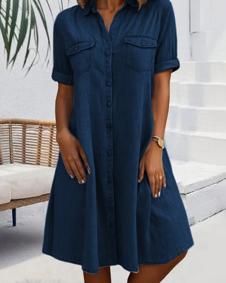 Adelina™ - Midi Dress with Lapel Collar and Button