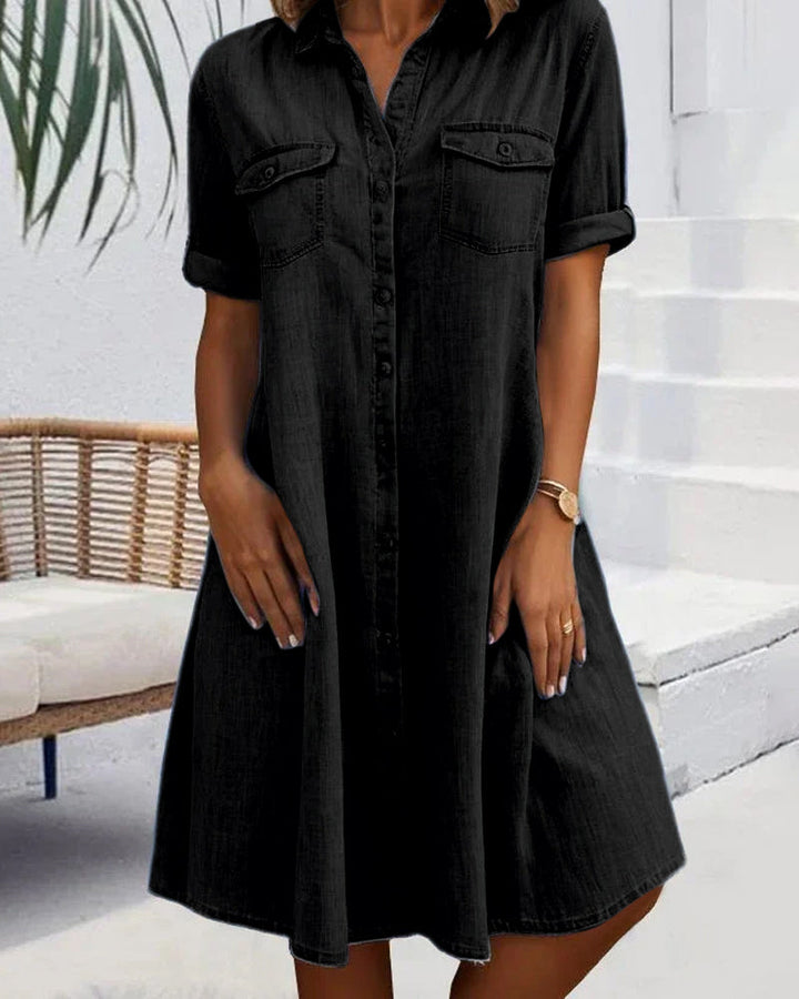 Adelina™ - Midi Dress with Lapel Collar and Button