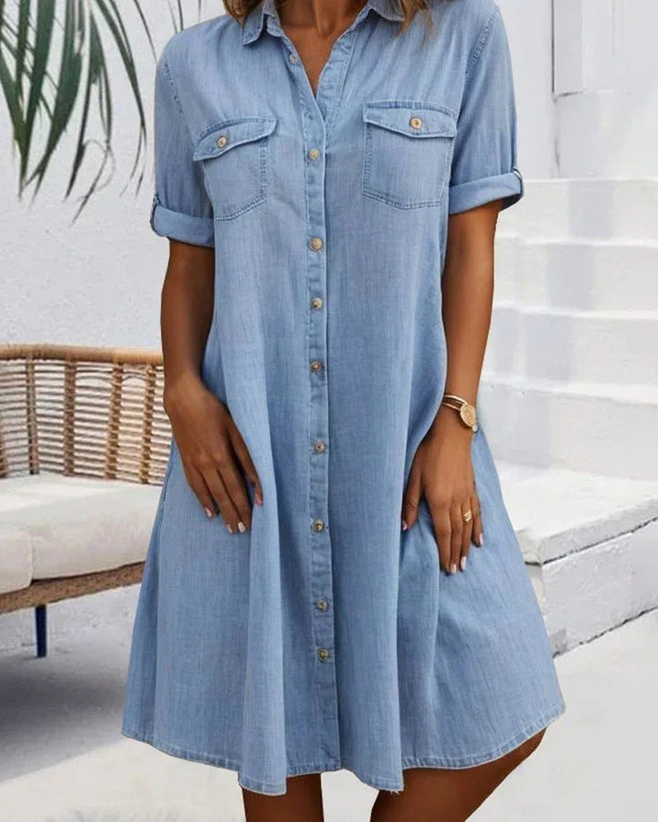 Adelina™ - Midi Dress with Lapel Collar and Button